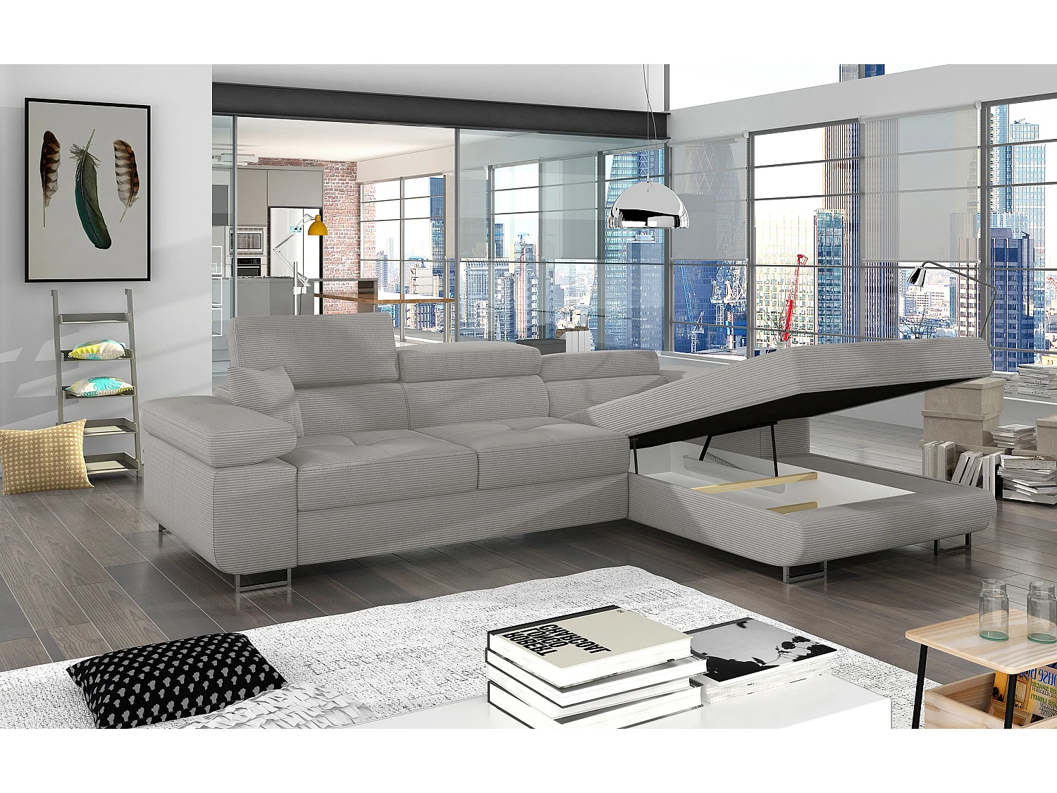 Canapé d’angle convertible KALIZO en tissu côtelé avec coffre, têtières réglables et pieds en acier chromé – 289cm-Gris-angle droit