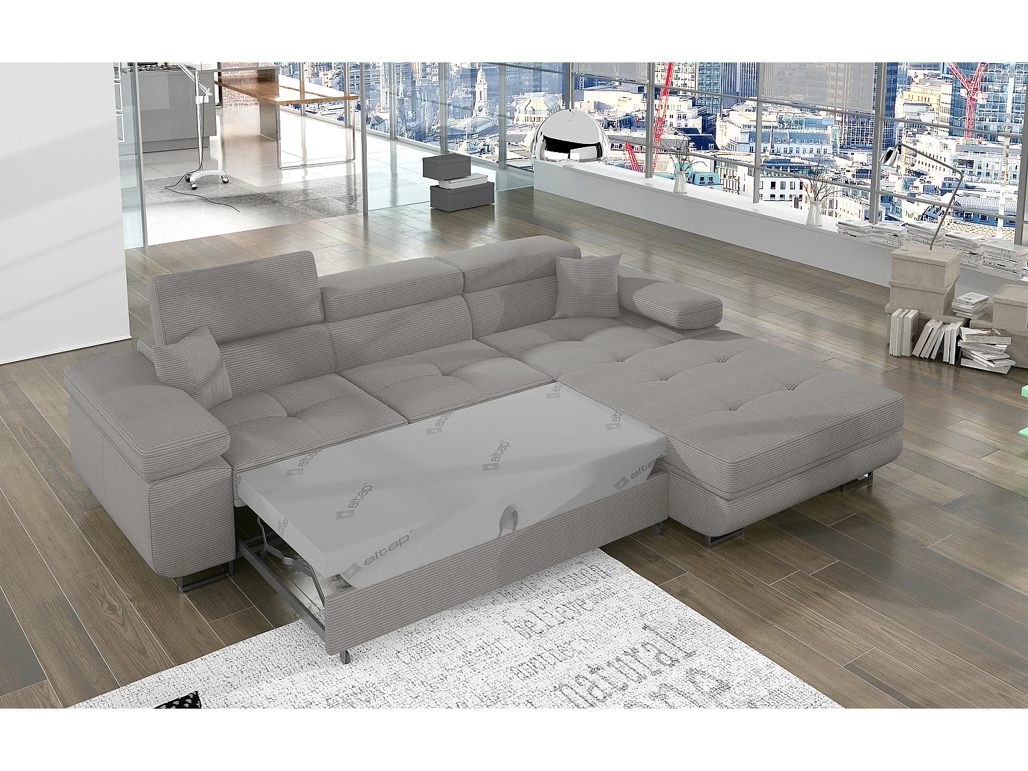 Canapé d’angle convertible KALIZO en tissu côtelé avec coffre, têtières réglables et pieds en acier chromé – 289cm-Gris-angle droit