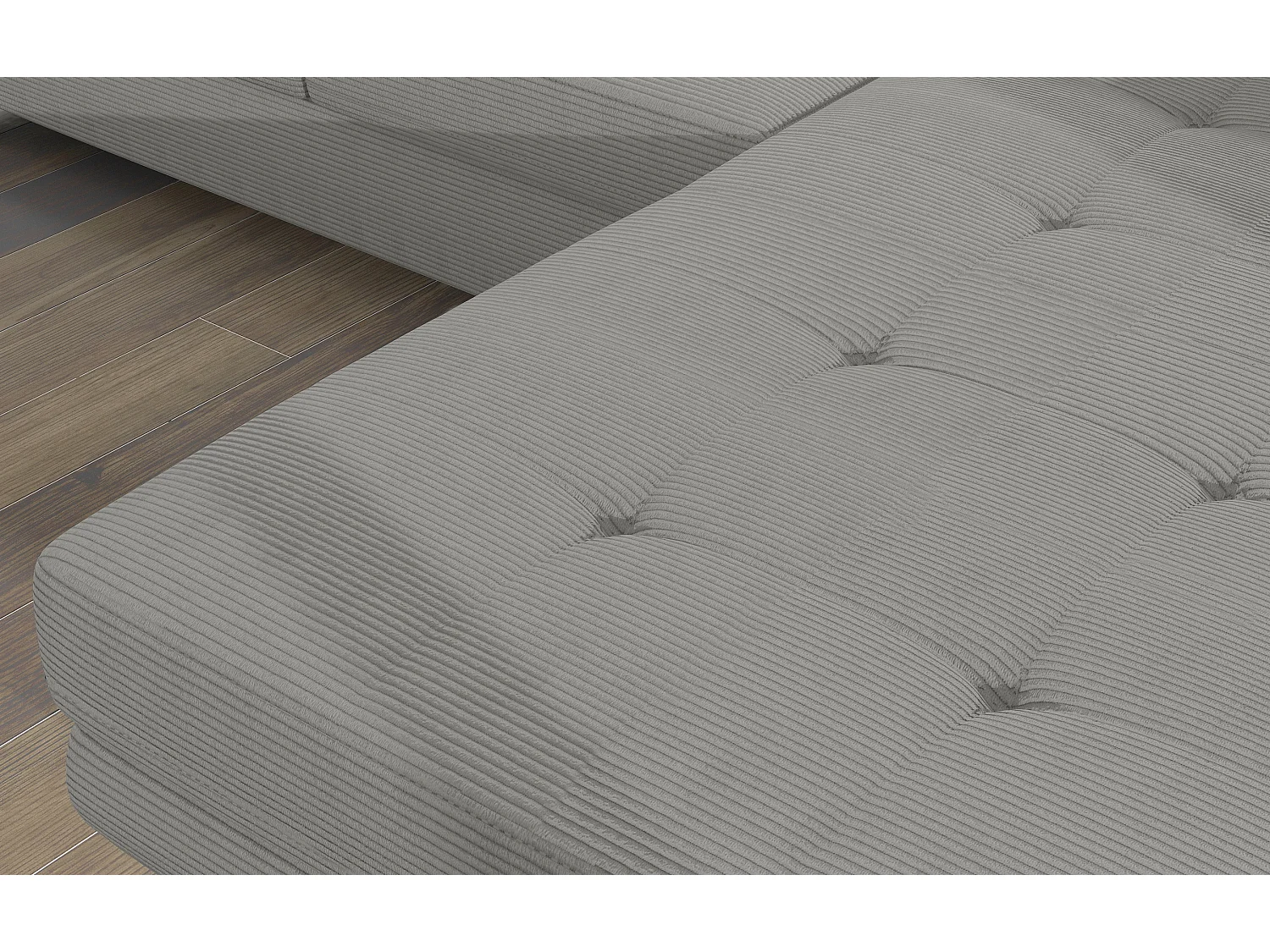 Canapé d’angle convertible KALIZO en tissu côtelé avec coffre, têtières réglables et pieds en acier chromé – 289cm-Gris-angle droit