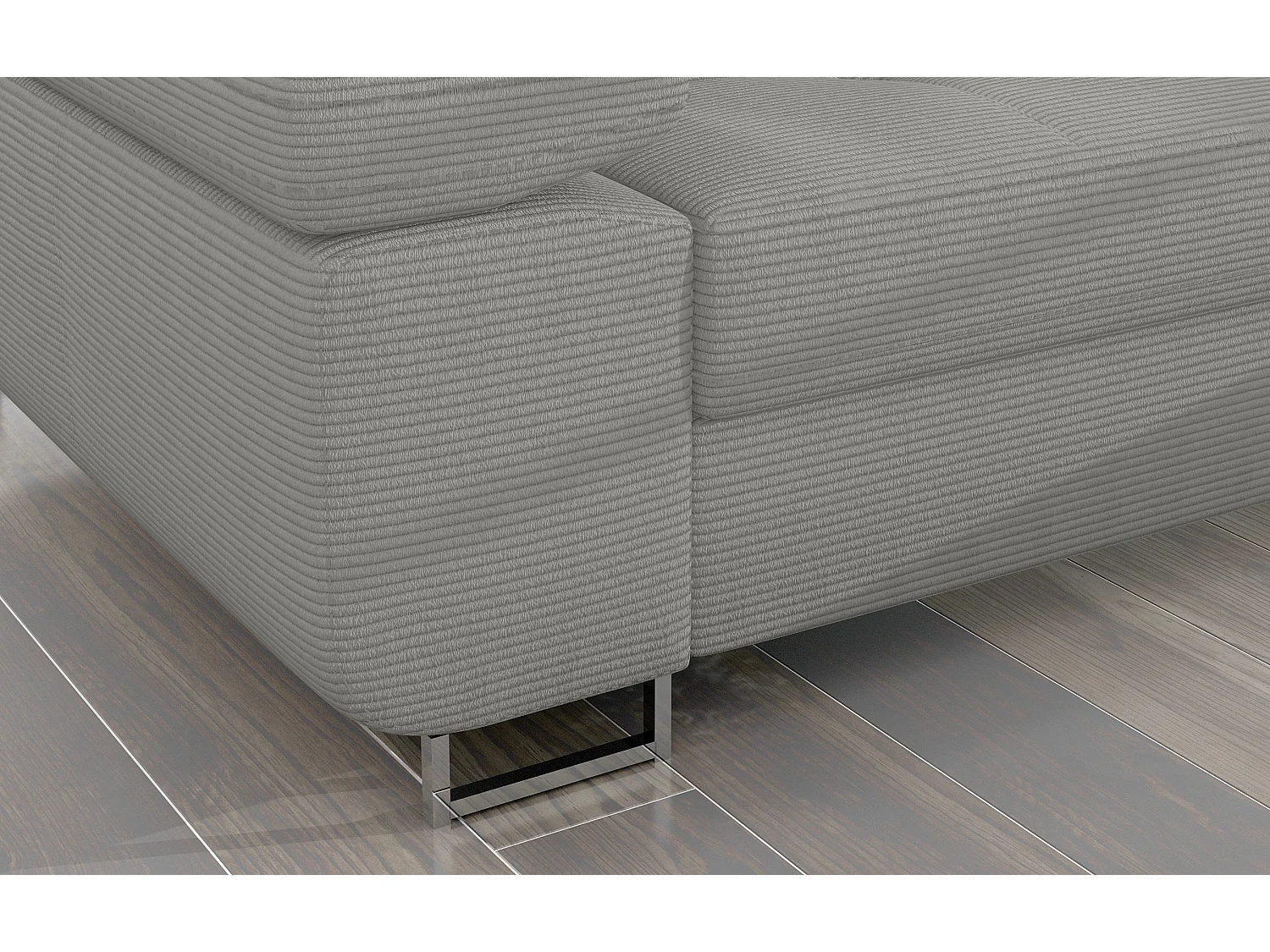 Canapé d’angle convertible KALIZO en tissu côtelé avec coffre, têtières réglables et pieds en acier chromé – 289cm-Gris-angle droit