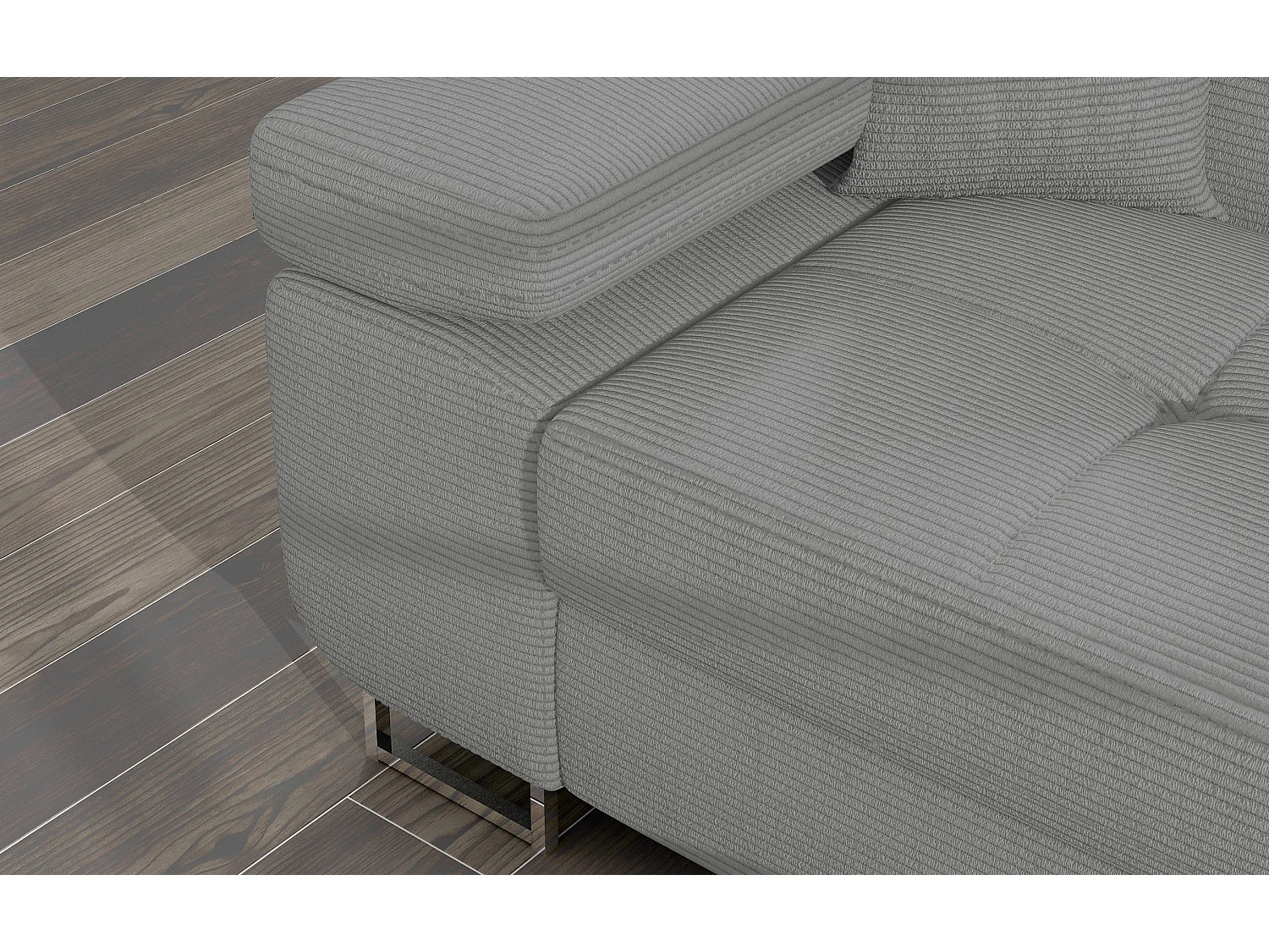 Canapé d’angle convertible KALIZO en tissu côtelé avec coffre, têtières réglables et pieds en acier chromé – 289cm-Gris-angle droit