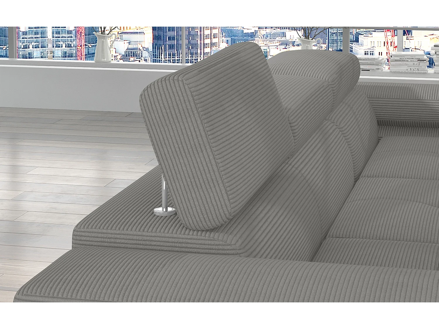 Canapé d’angle convertible KALIZO en tissu côtelé avec coffre, têtières réglables et pieds en acier chromé – 289cm-Gris-angle droit