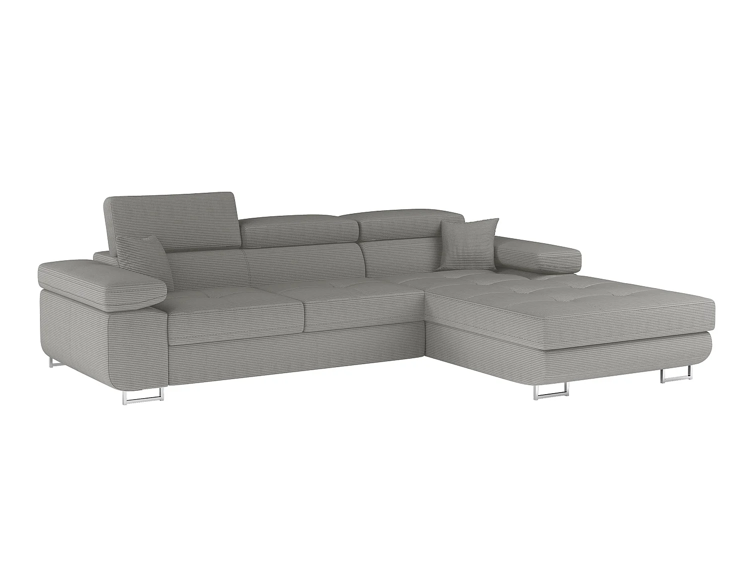 Canapé d’angle convertible KALIZO en tissu côtelé avec coffre, têtières réglables et pieds en acier chromé – 289cm-Gris-angle droit