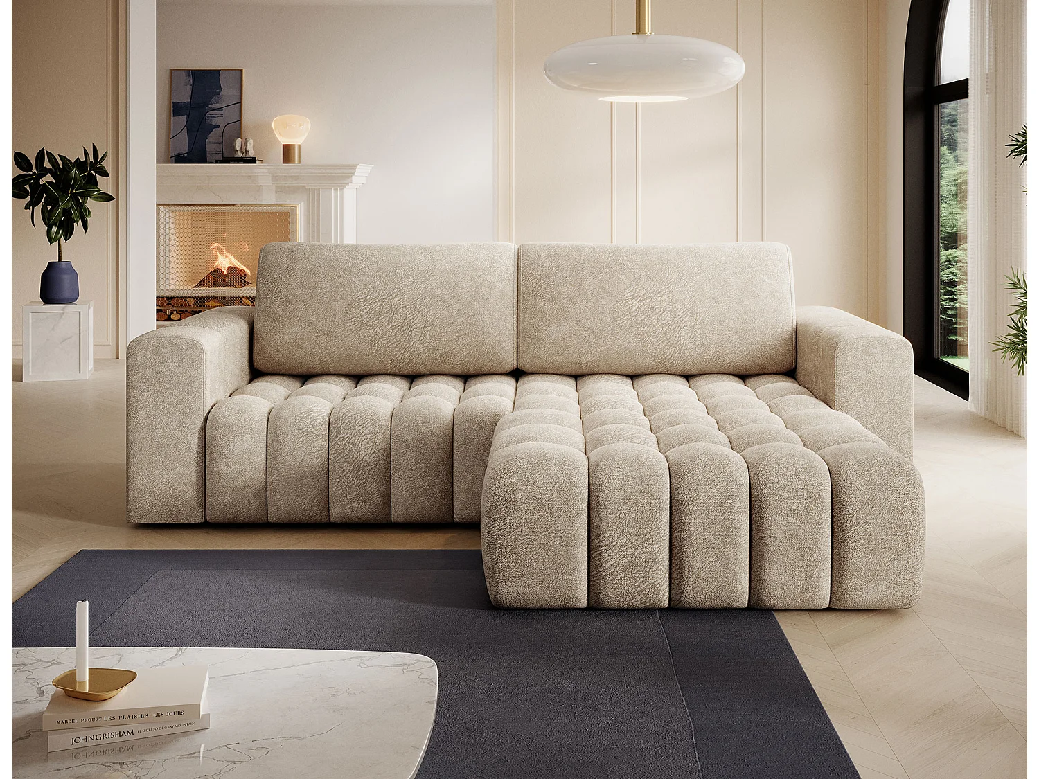 Canapé d’angle convertible BOZEN en velours capitonné avec coffre – 250cm-Beige-angle droit