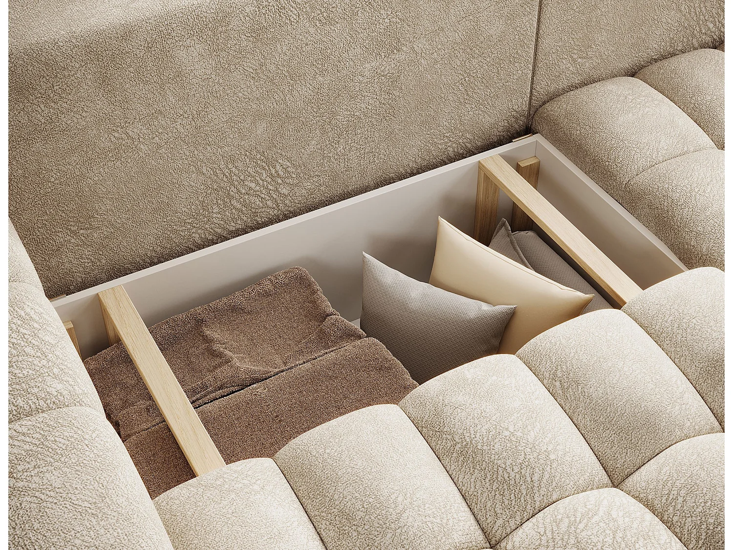 Canapé d’angle convertible BOZEN en velours capitonné avec coffre – 250cm-Beige-angle droit