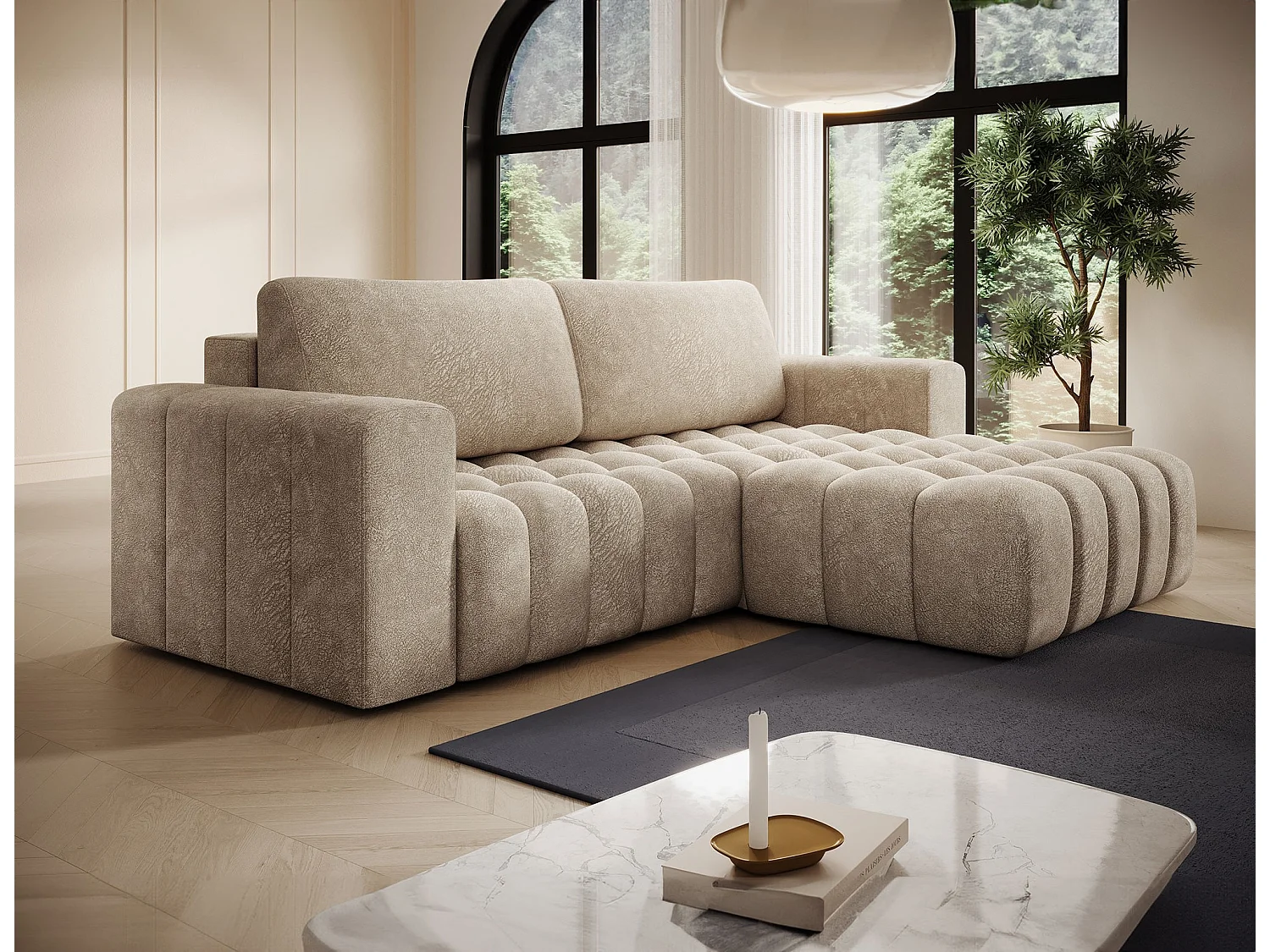 Canapé d’angle convertible BOZEN en velours capitonné avec coffre – 250cm-Beige-angle droit