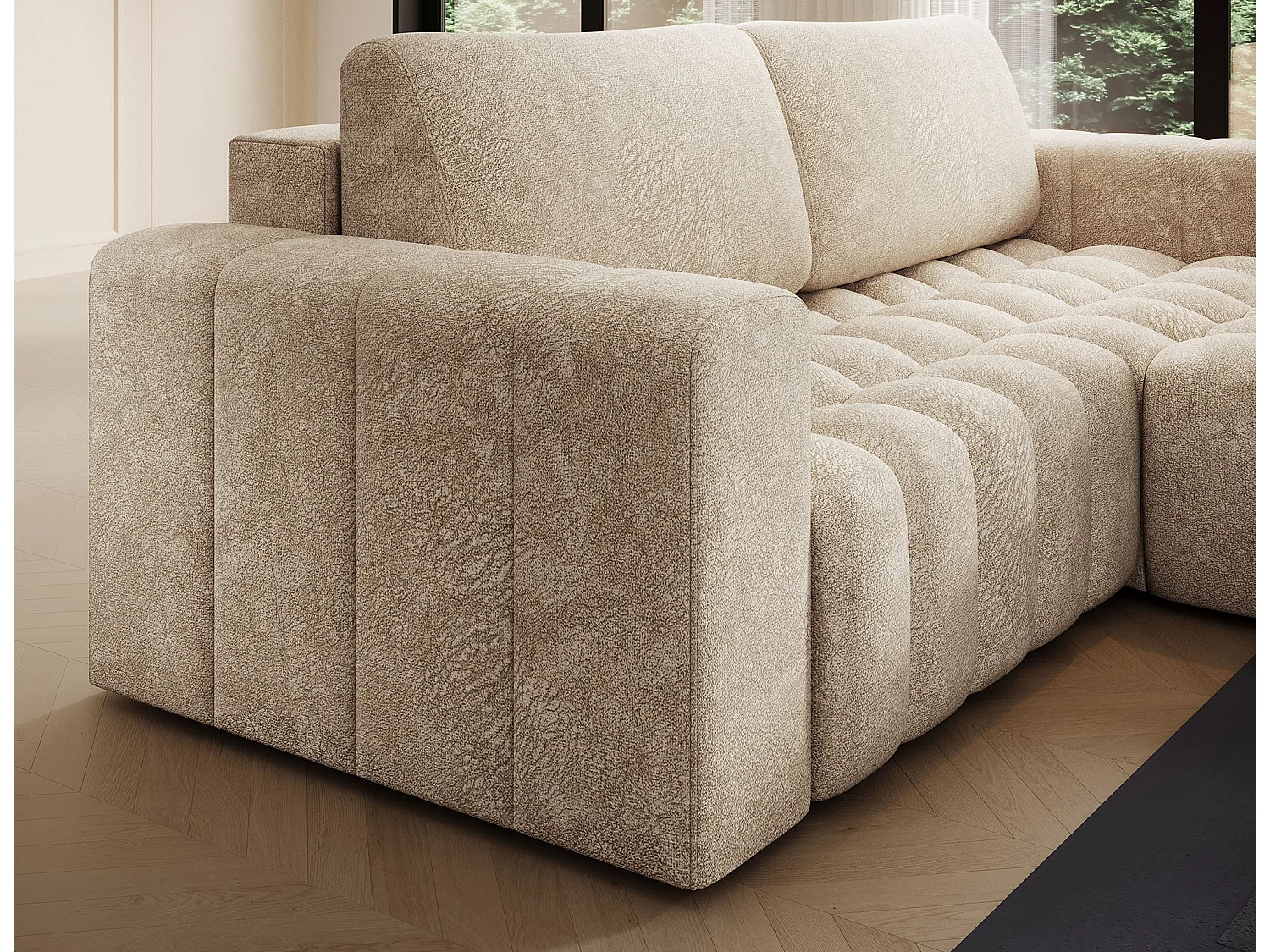 Canapé d’angle convertible BOZEN en velours capitonné avec coffre – 250cm-Beige-angle droit