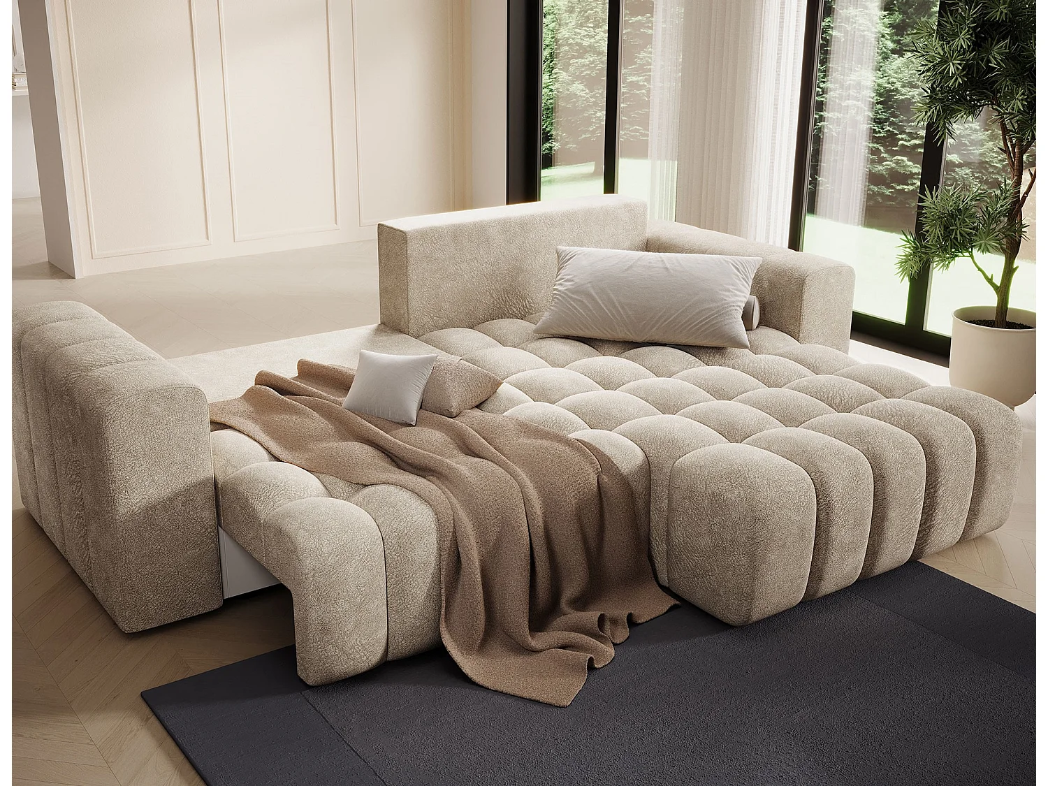 Canapé d’angle convertible BOZEN en velours capitonné avec coffre – 250cm-Beige-angle droit