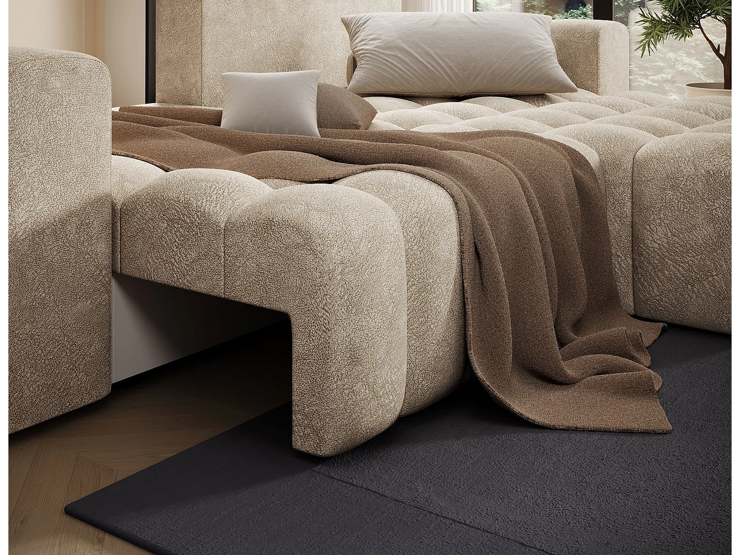 Canapé d’angle convertible BOZEN en velours capitonné avec coffre – 250cm-Beige-angle droit