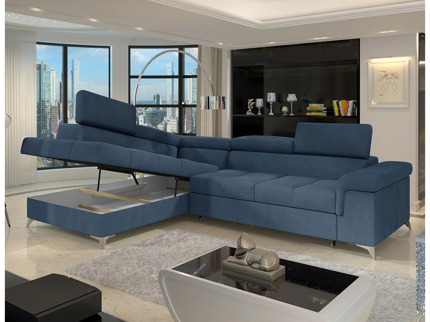 Canapé d’angle convertible MARIDO en tissu avec coffre et têtières réglables – 275cm-Bleu-angle gauche