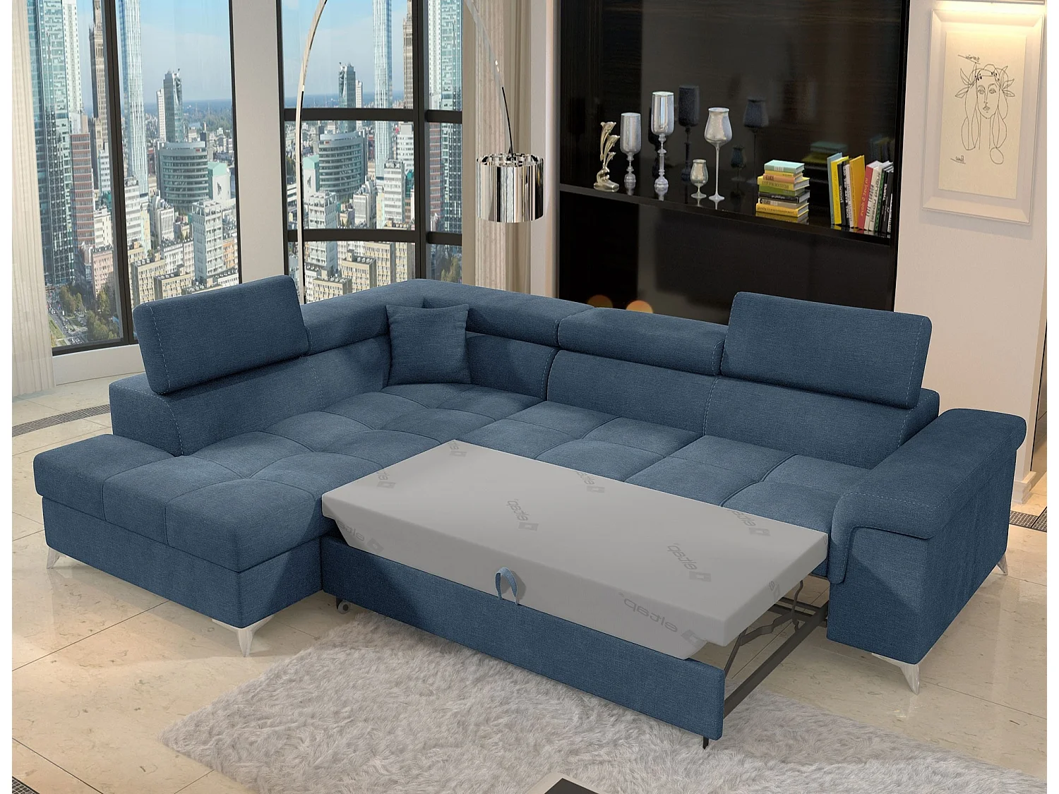 Canapé d’angle convertible MARIDO en tissu avec coffre et têtières réglables – 275cm-Bleu-angle gauche