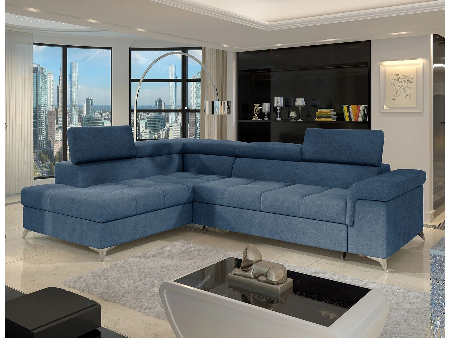 Canapé d’angle convertible MARIDO en tissu avec coffre et têtières réglables – 275cm-Bleu-angle gauche