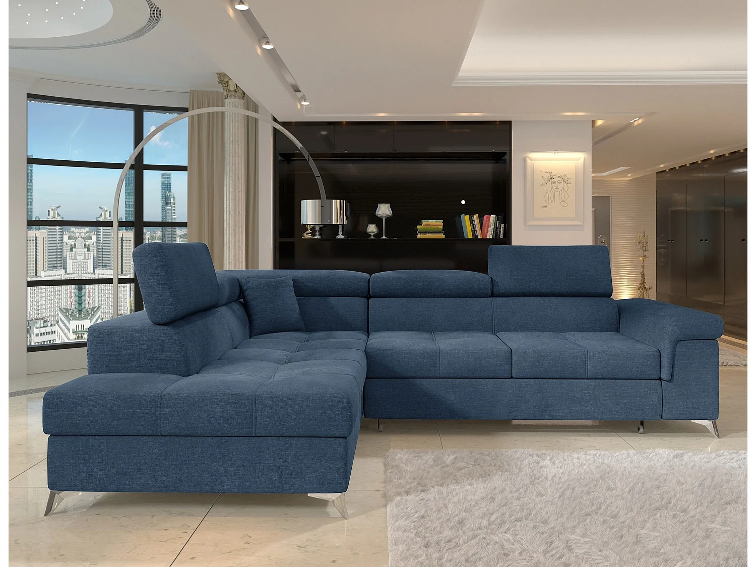 Canapé d’angle convertible MARIDO en tissu avec coffre et têtières réglables – 275cm-Bleu-angle gauche