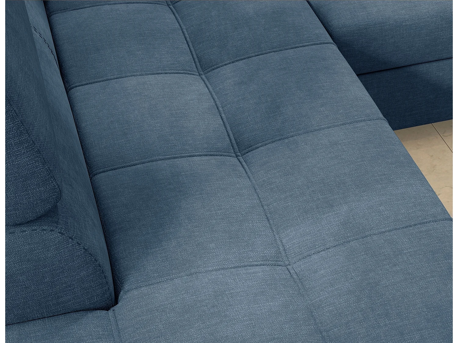 Canapé d’angle convertible MARIDO en tissu avec coffre et têtières réglables – 275cm-Bleu-angle gauche