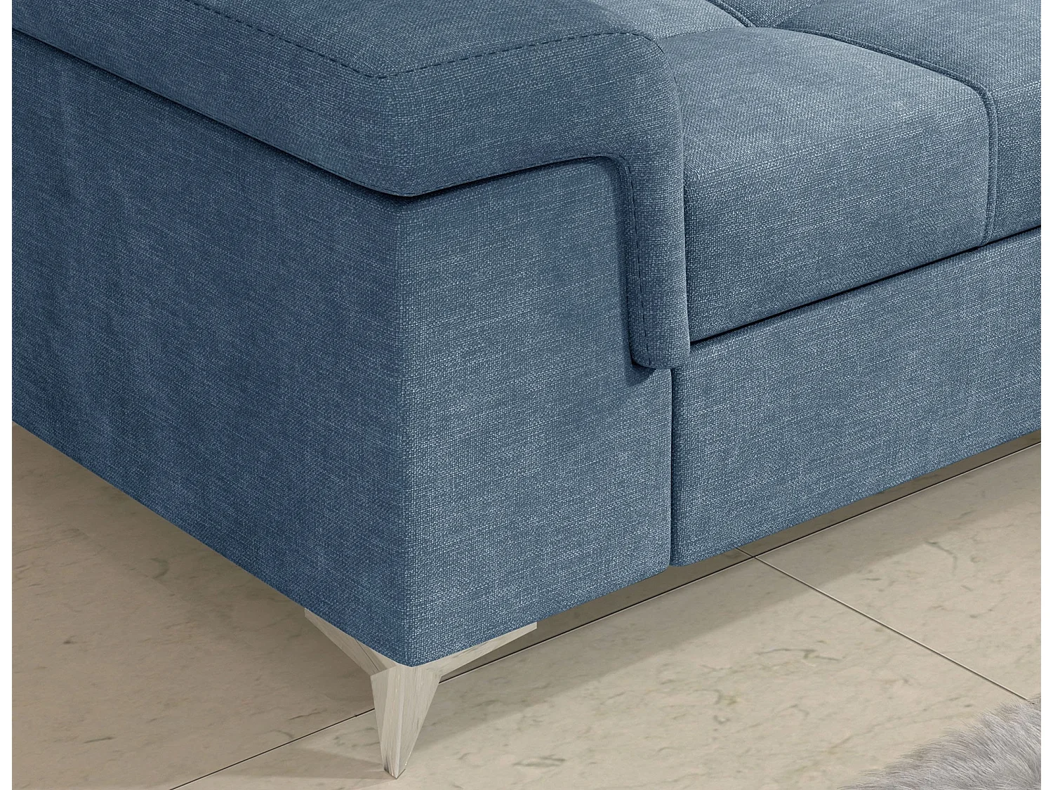Canapé d’angle convertible MARIDO en tissu avec coffre et têtières réglables – 275cm-Bleu-angle gauche