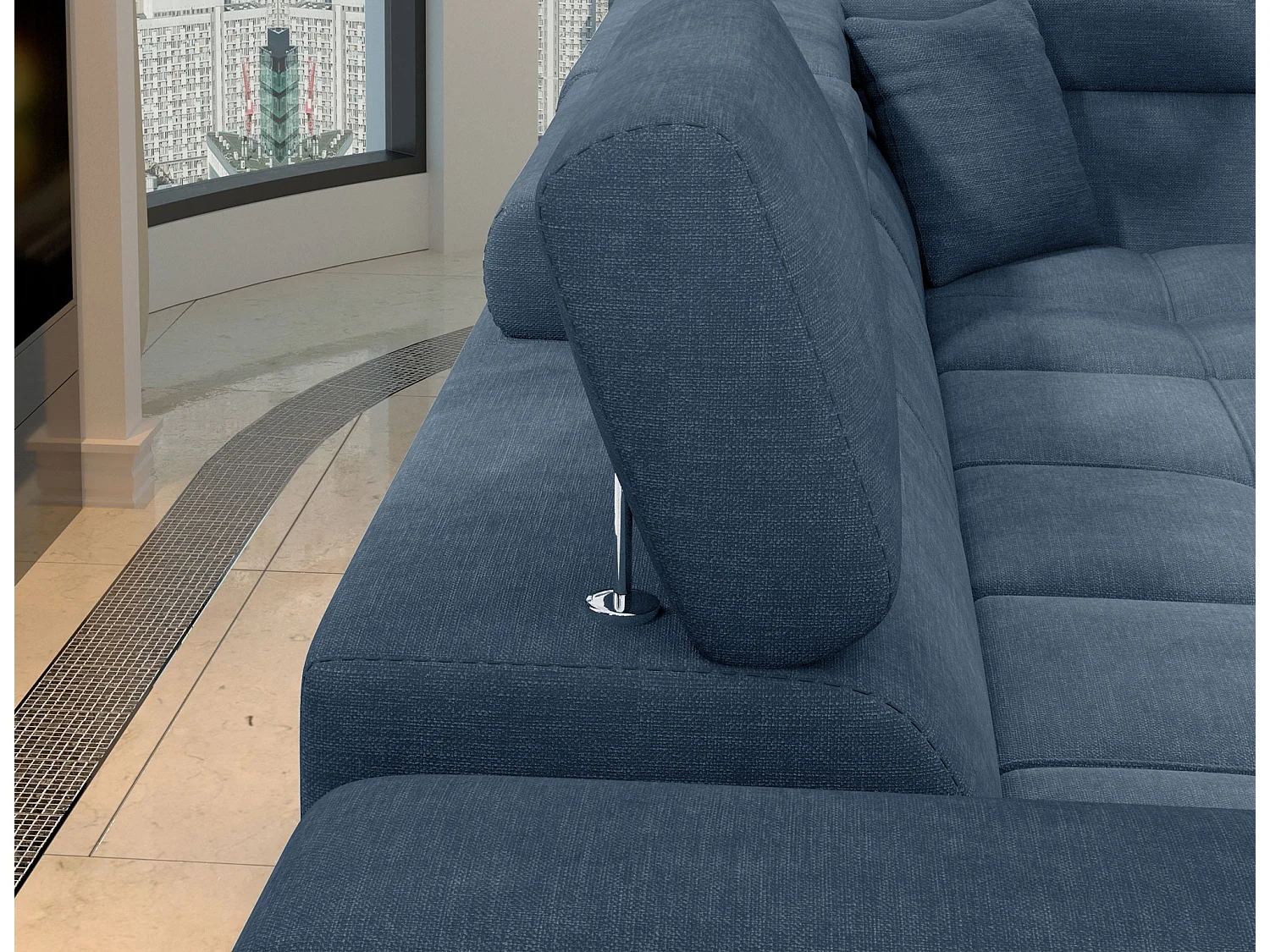 Canapé d’angle convertible MARIDO en tissu avec coffre et têtières réglables – 275cm-Bleu-angle gauche