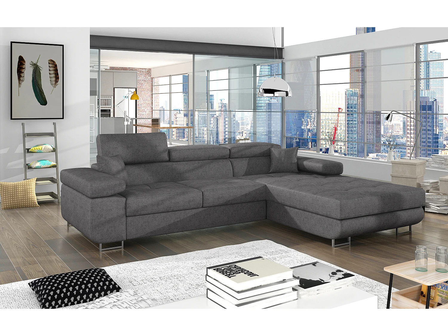 Canapé d’angle convertible KALIZO en velours avec coffre et têtières réglables – 289cm-Gris-angle droit