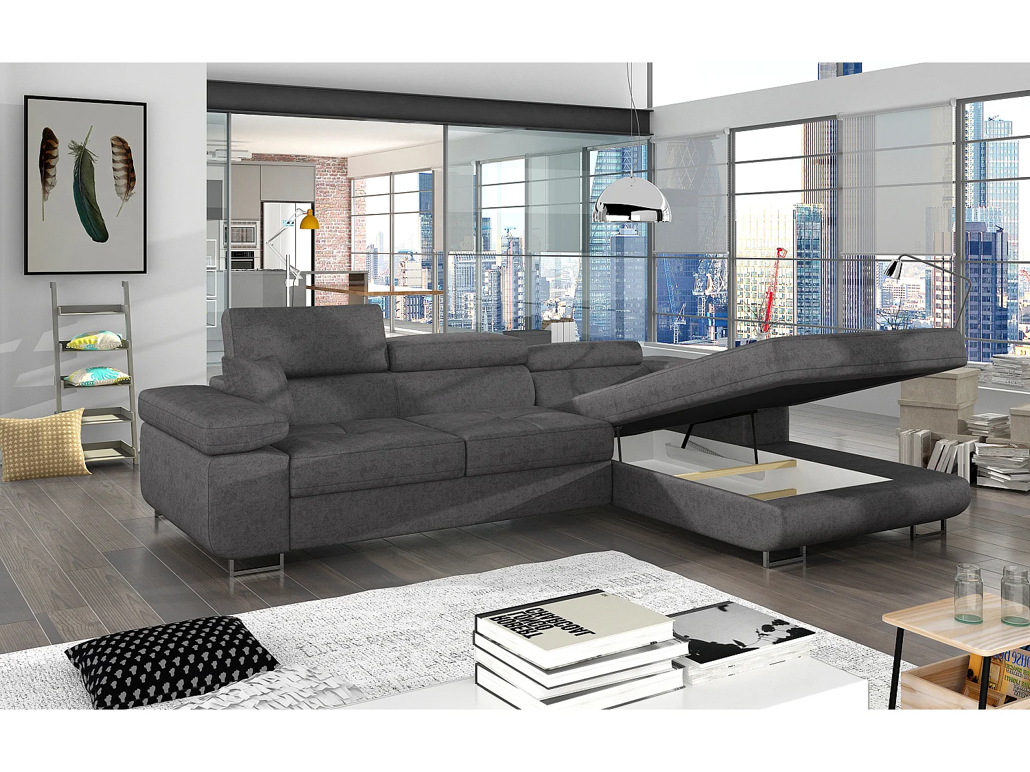 Canapé d’angle convertible KALIZO en velours avec coffre et têtières réglables – 289cm-Gris-angle droit