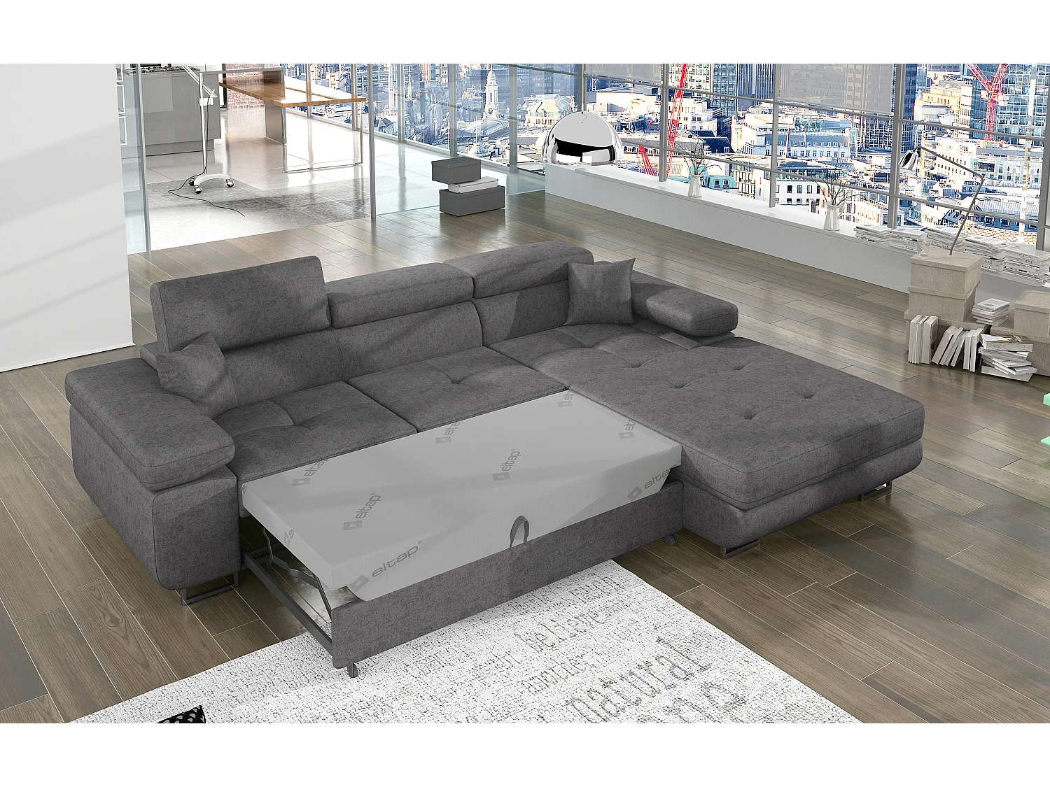 Canapé d’angle convertible KALIZO en velours avec coffre et têtières réglables – 289cm-Gris-angle droit