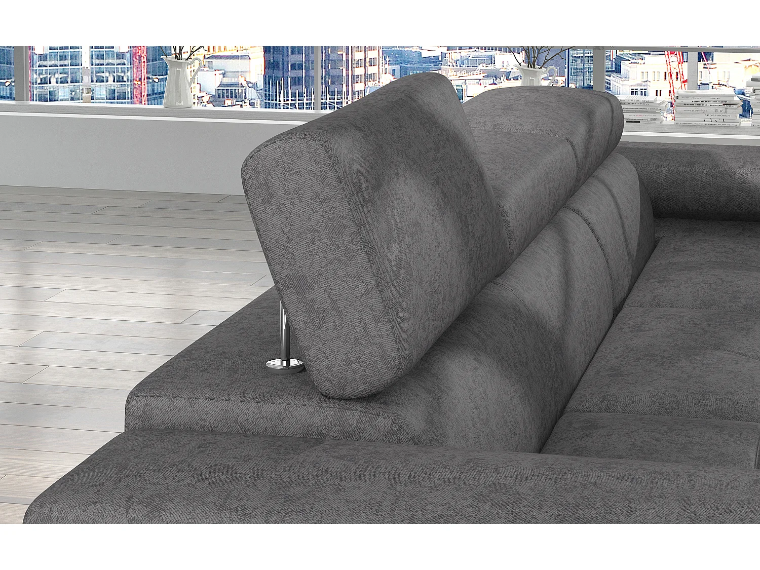 Canapé d’angle convertible KALIZO en velours avec coffre et têtières réglables – 289cm-Gris-angle droit