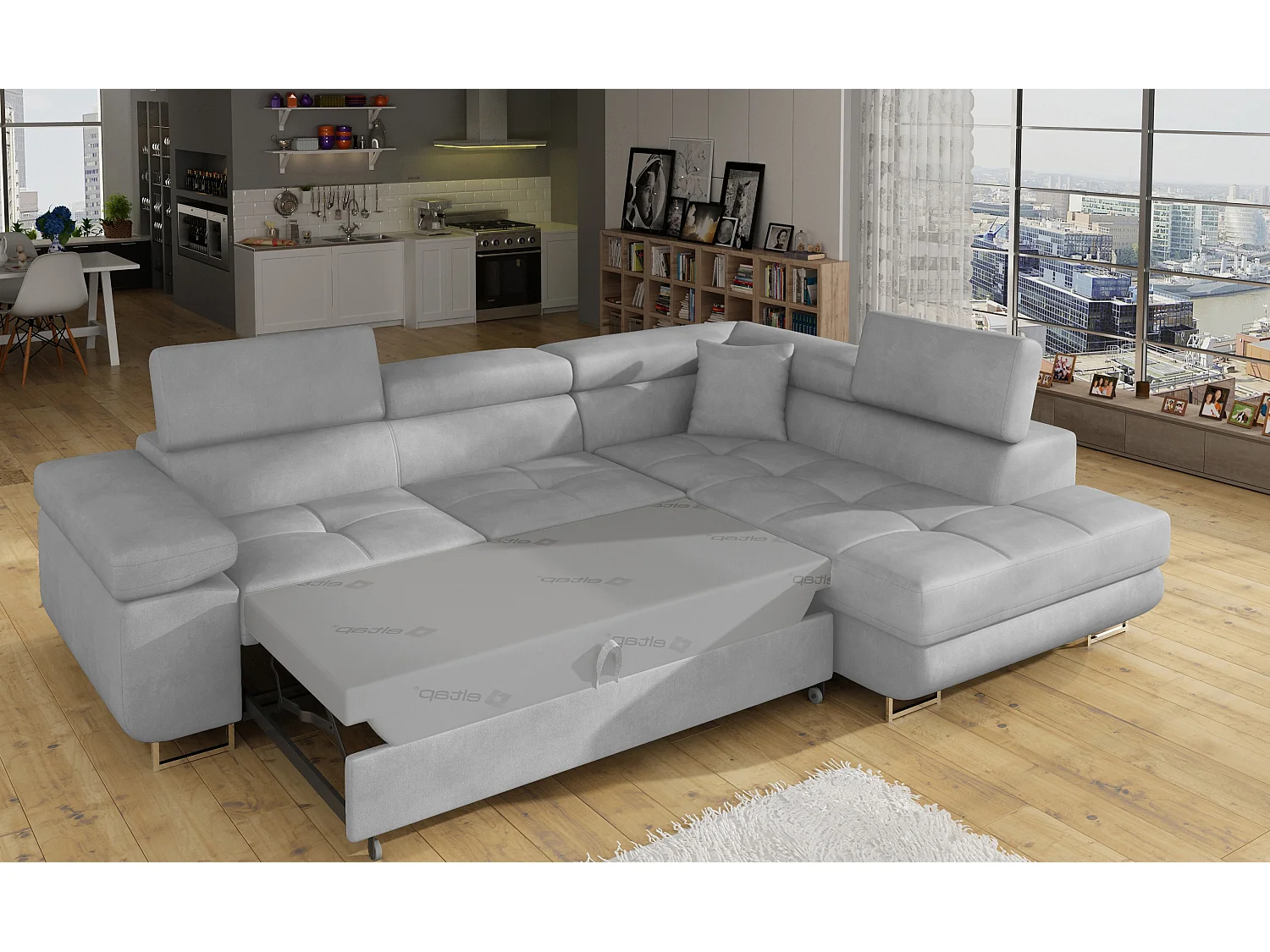 Canapé d’angle convertible MARKA en velours avec coffre et têtières réglables – 272cm-Gris clair-angle droit