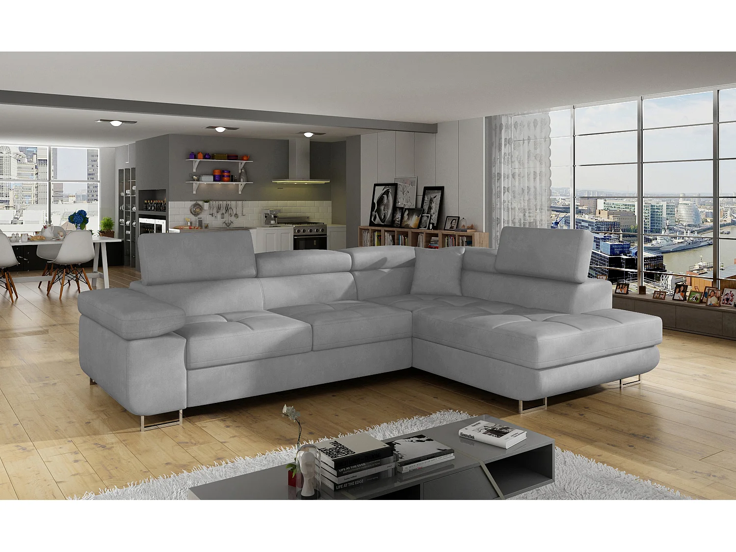 Canapé d’angle convertible MARKA en velours avec coffre et têtières réglables – 272cm-Gris clair-angle droit