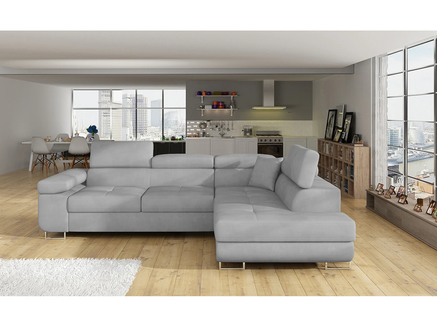 Canapé d’angle convertible MARKA en velours avec coffre et têtières réglables – 272cm-Gris clair-angle droit