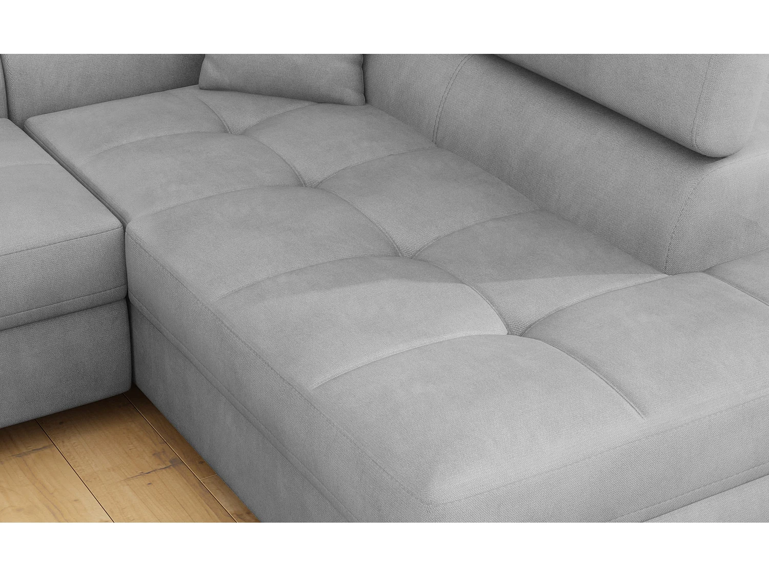 Canapé d’angle convertible MARKA en velours avec coffre et têtières réglables – 272cm-Gris clair-angle droit