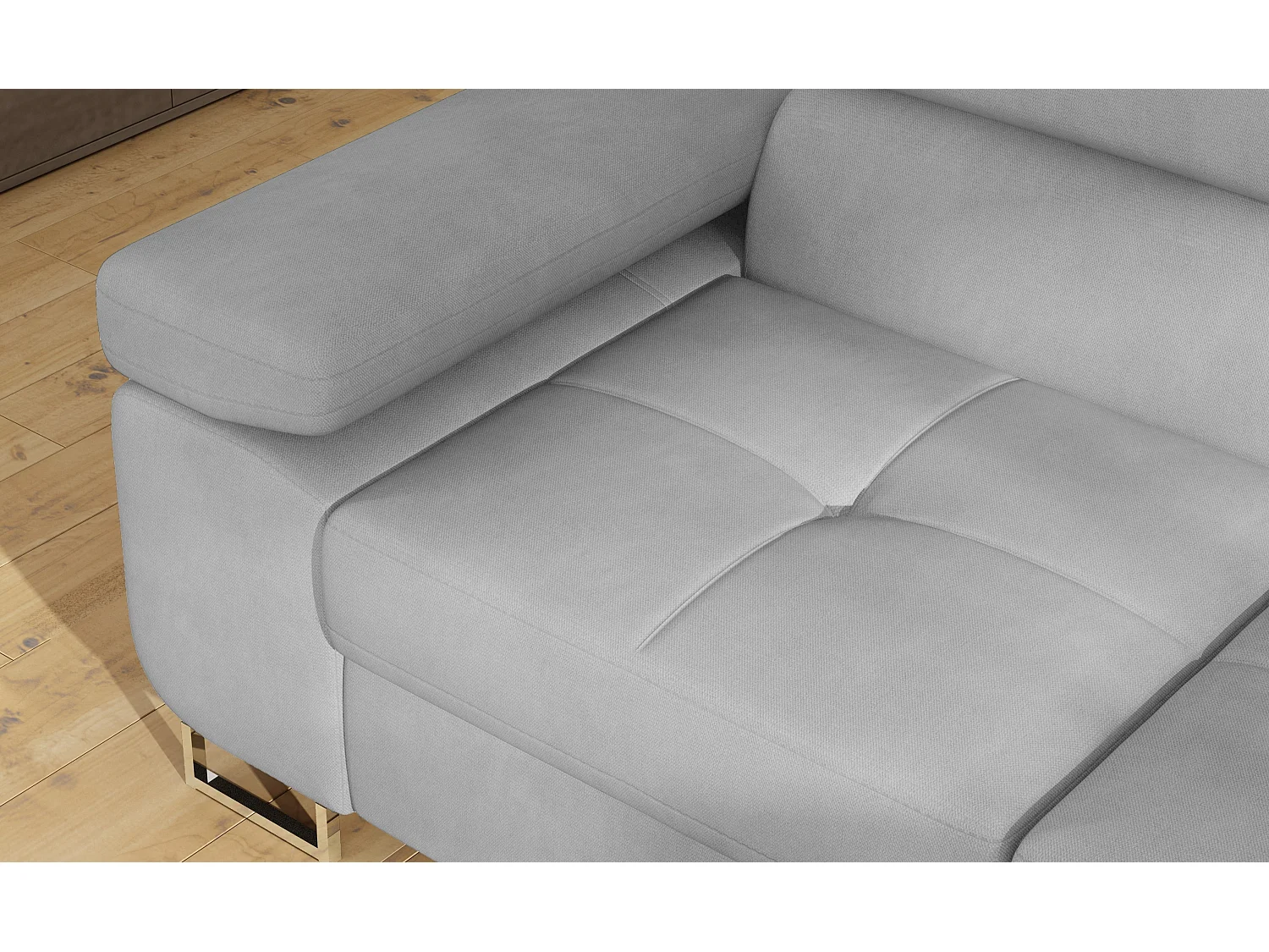 Canapé d’angle convertible MARKA en velours avec coffre et têtières réglables – 272cm-Gris clair-angle droit