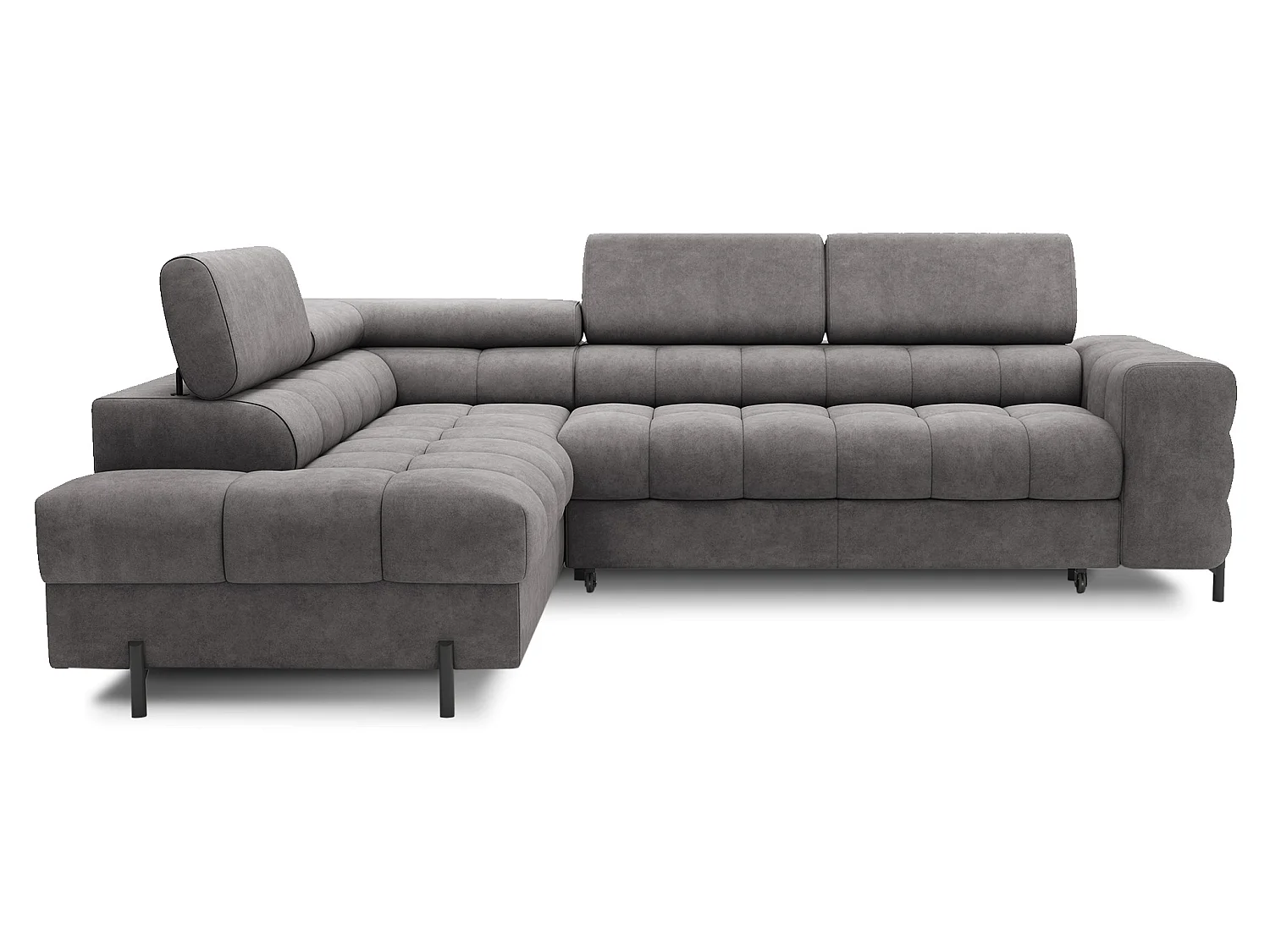 Canapé d’angle convertible LUCCINO en tissu avec coffre, têtières réglables et pieds en métal noir – 276cm-Gris foncé-angle gauche