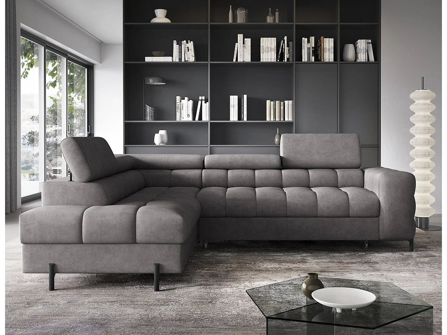 Canapé d’angle convertible LUCCINO en tissu avec coffre, têtières réglables et pieds en métal noir – 276cm-Gris foncé-angle gauche