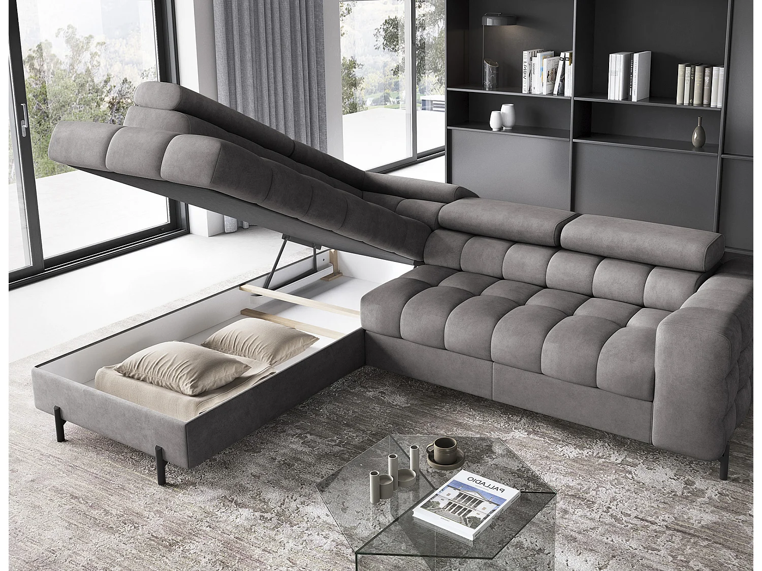 Canapé d’angle convertible LUCCINO en tissu avec coffre, têtières réglables et pieds en métal noir – 276cm-Gris foncé-angle gauche