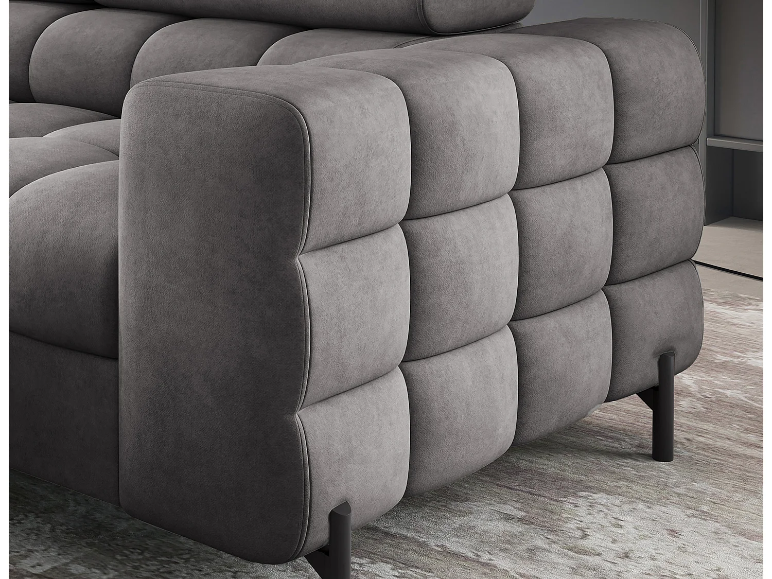 Canapé d’angle convertible LUCCINO en tissu avec coffre, têtières réglables et pieds en métal noir – 276cm-Gris foncé-angle gauche