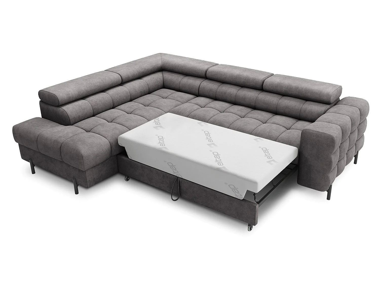 Canapé d’angle convertible LUCCINO en tissu avec coffre, têtières réglables et pieds en métal noir – 276cm-Gris foncé-angle gauche