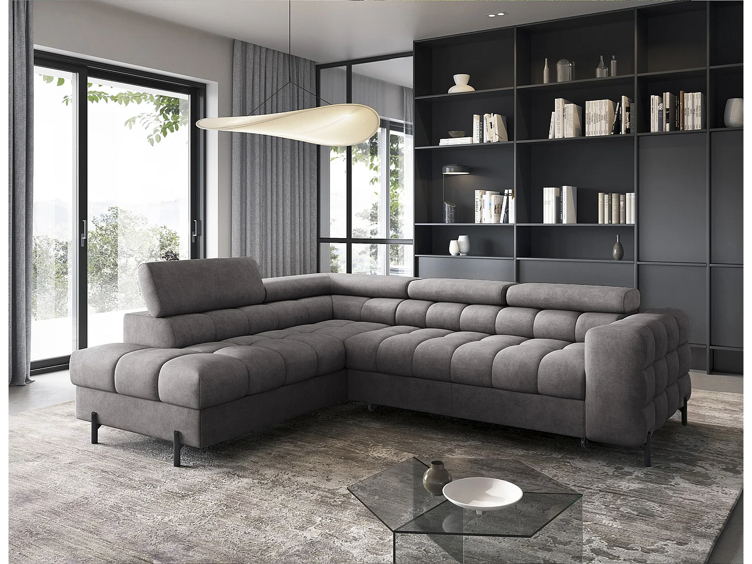 Canapé d’angle convertible LUCCINO en tissu avec coffre, têtières réglables et pieds en métal noir – 276cm-Gris foncé-angle gauche