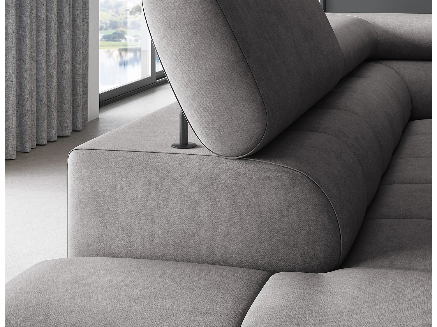 Canapé d’angle convertible LUCCINO en tissu avec coffre, têtières réglables et pieds en métal noir – 276cm-Gris foncé-angle gauche