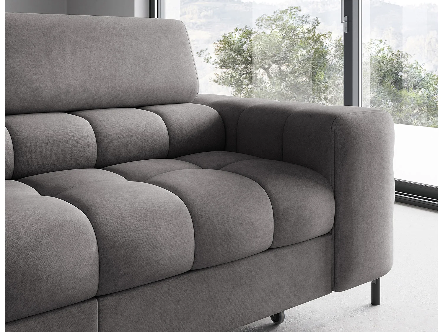 Canapé d’angle convertible LUCCINO en tissu avec coffre, têtières réglables et pieds en métal noir – 276cm-Gris foncé-angle gauche
