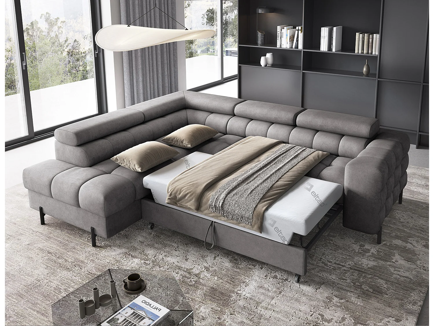 Canapé d’angle convertible LUCCINO en tissu avec coffre, têtières réglables et pieds en métal noir – 276cm-Gris foncé-angle gauche
