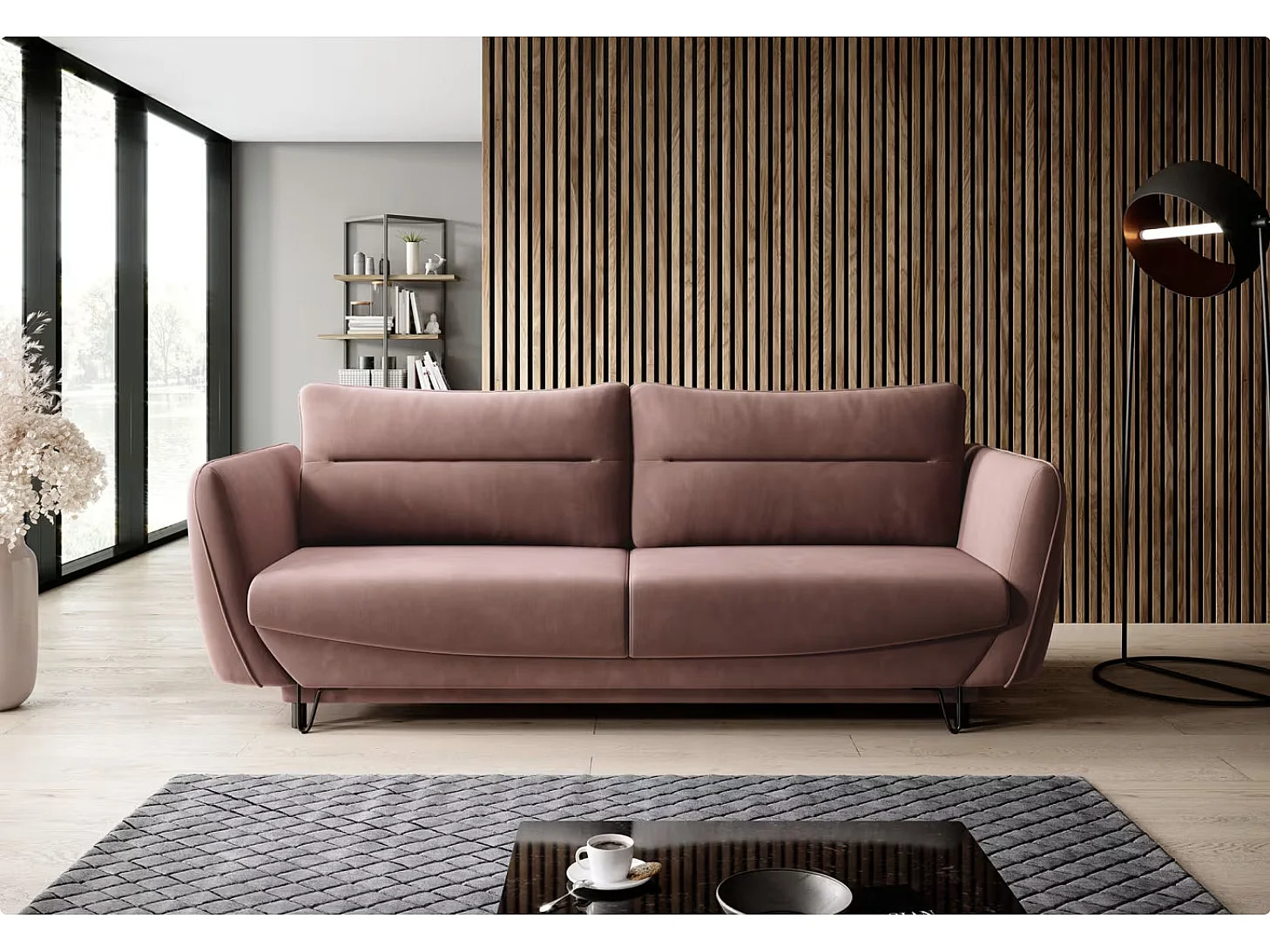 Canapé droit convertible 3 places tissu ZURIK 236cm - Coffre de rangement & pieds métal noir-Rose poudré