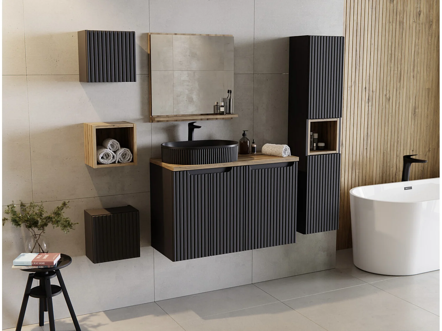 Ensemble meuble salle de bain suspendu NOVA 110cm – Vasque, colonne et meuble 2 portes-Noir