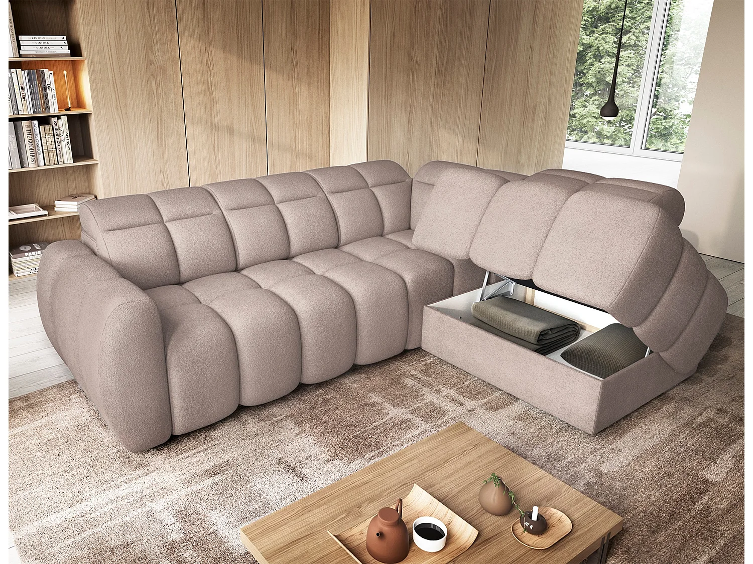 Canapé d’angle convertible 4 places BOBOON en tissu avec coffre de rangement – 258cm-Marron clair-angle droit