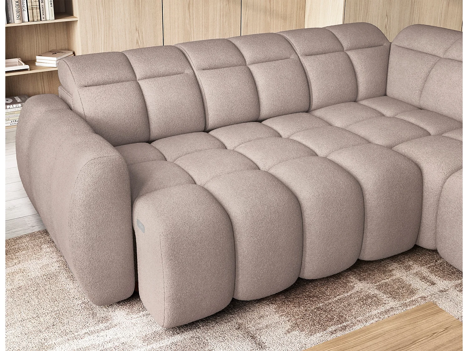 Canapé d’angle convertible 4 places BOBOON en tissu avec coffre de rangement – 258cm-Marron clair-angle droit