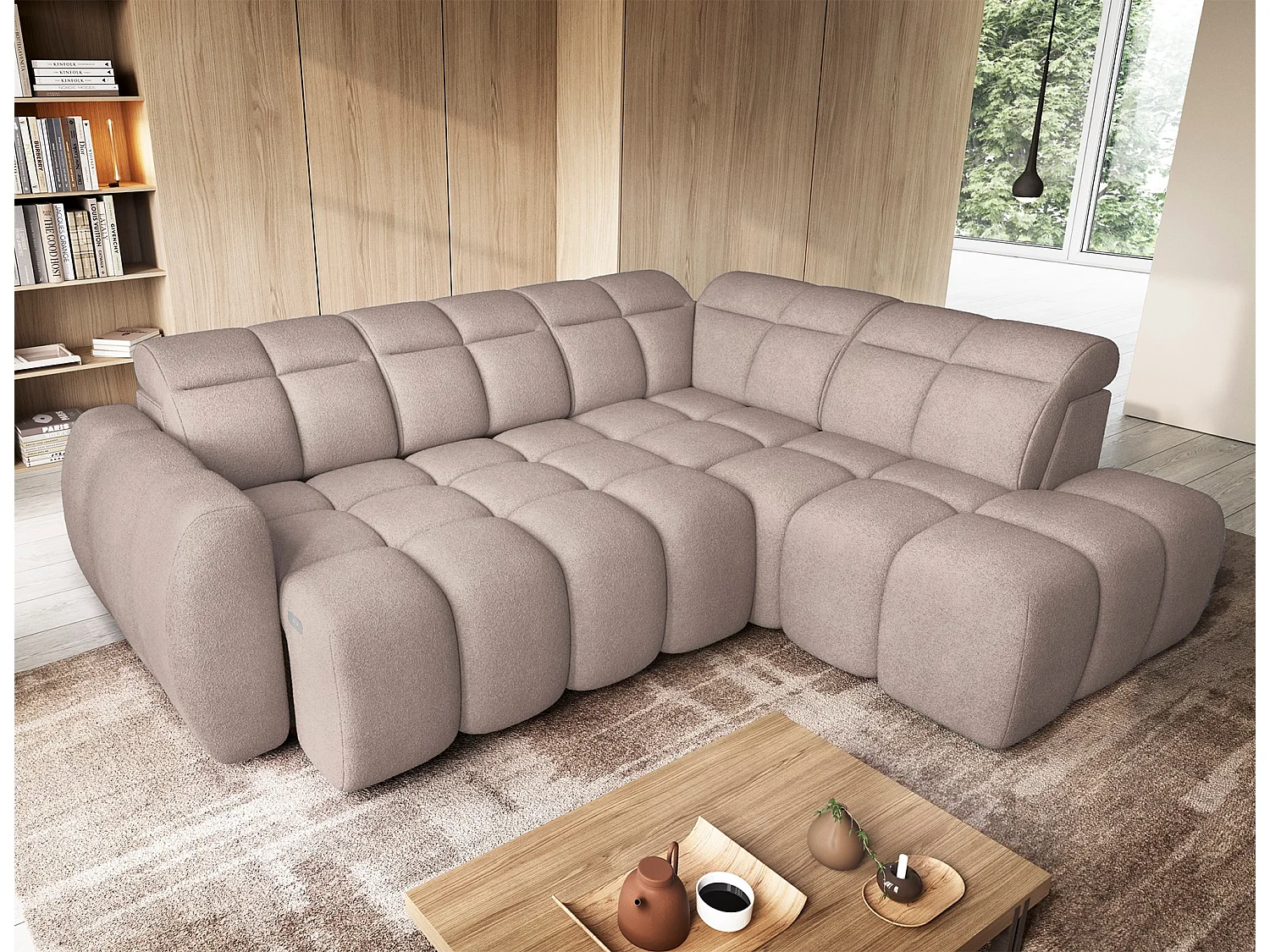 Canapé d’angle convertible 4 places BOBOON en tissu avec coffre de rangement – 258cm-Marron clair-angle droit