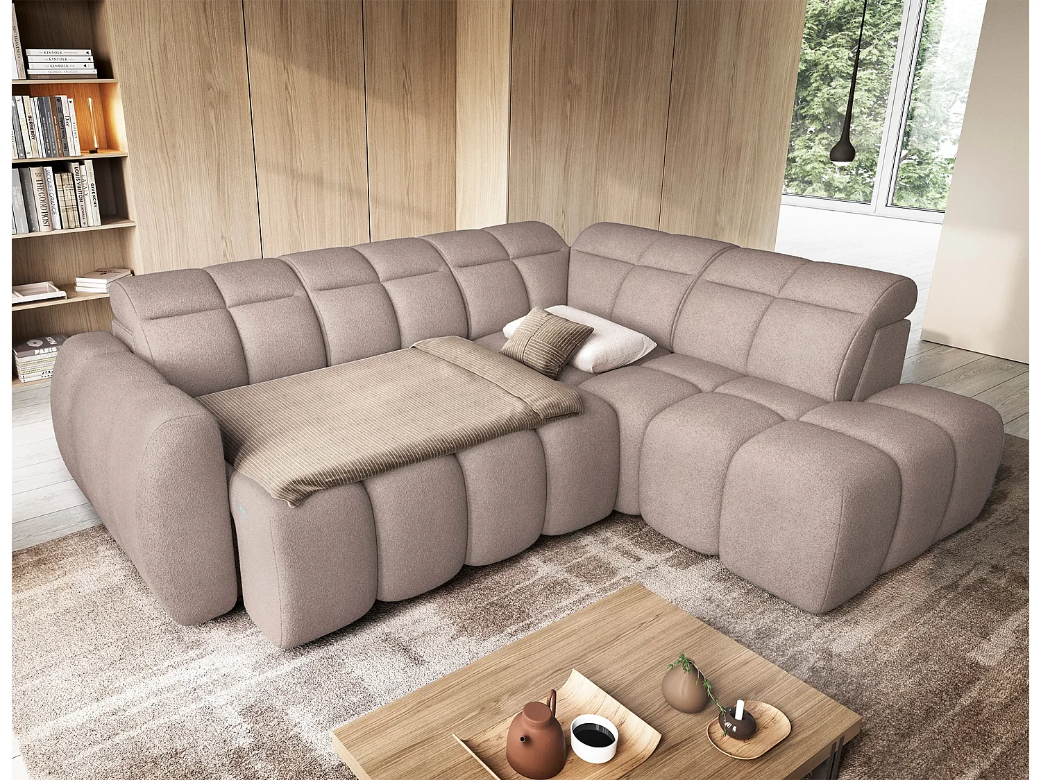 Canapé d’angle convertible 4 places BOBOON en tissu avec coffre de rangement – 258cm-Marron clair-angle droit