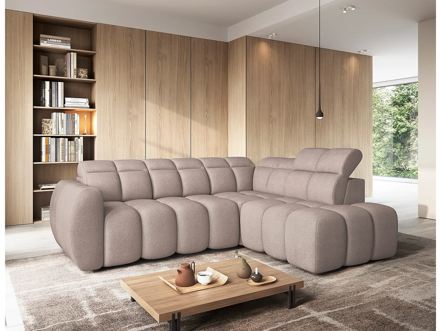 Canapé d’angle convertible 4 places BOBOON en tissu avec coffre de rangement – 258cm-Marron clair-angle droit