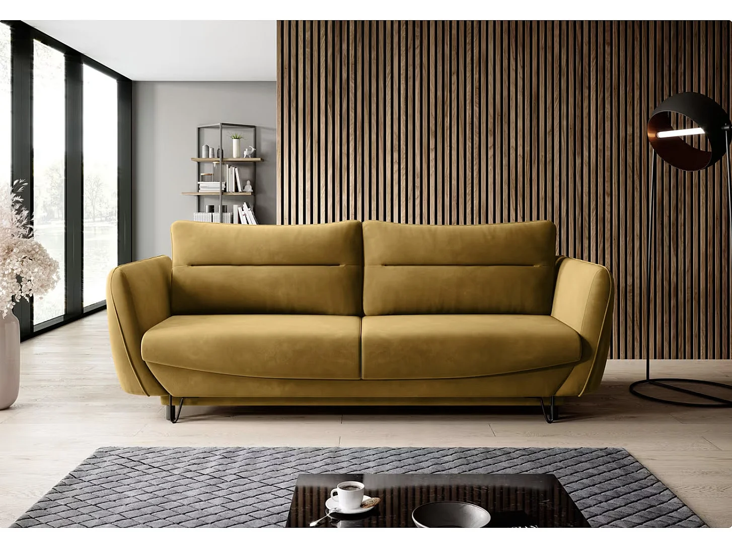 Canapé droit convertible 3 places tissu ZURIK 236cm - Coffre de rangement & pieds métal noir-Jaune miel