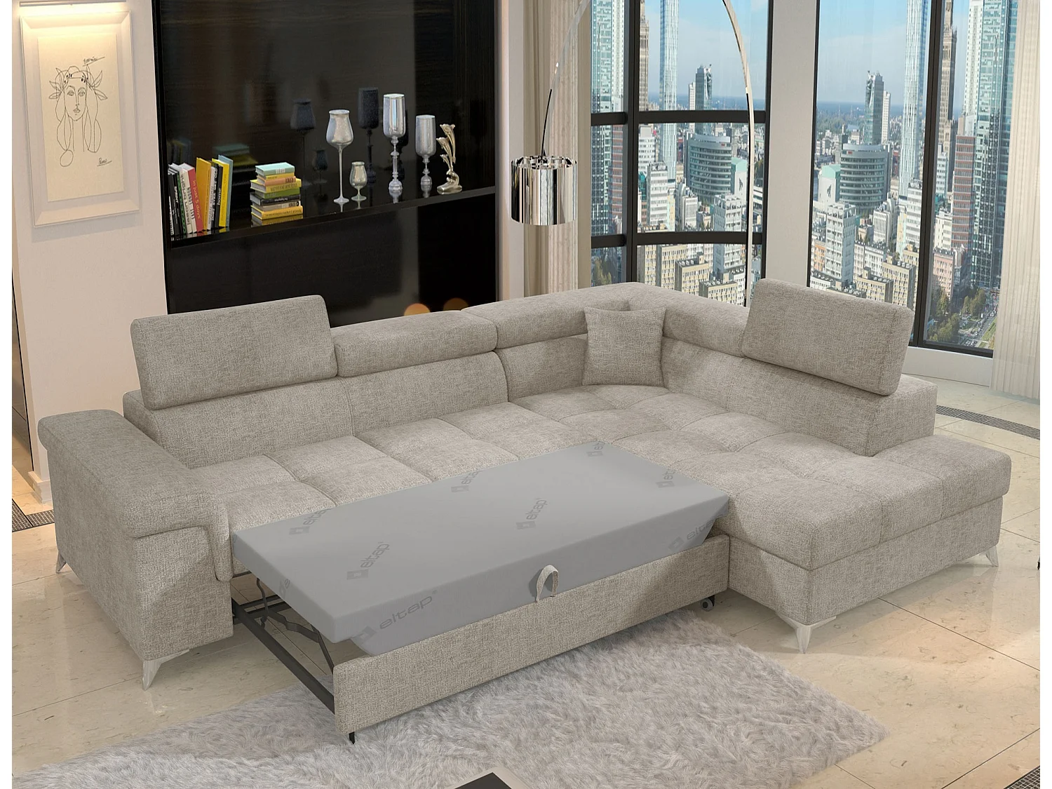 Canapé d’angle convertible MARIDO en tissu avec coffre et têtières réglables – 275cm-Beige-angle droit