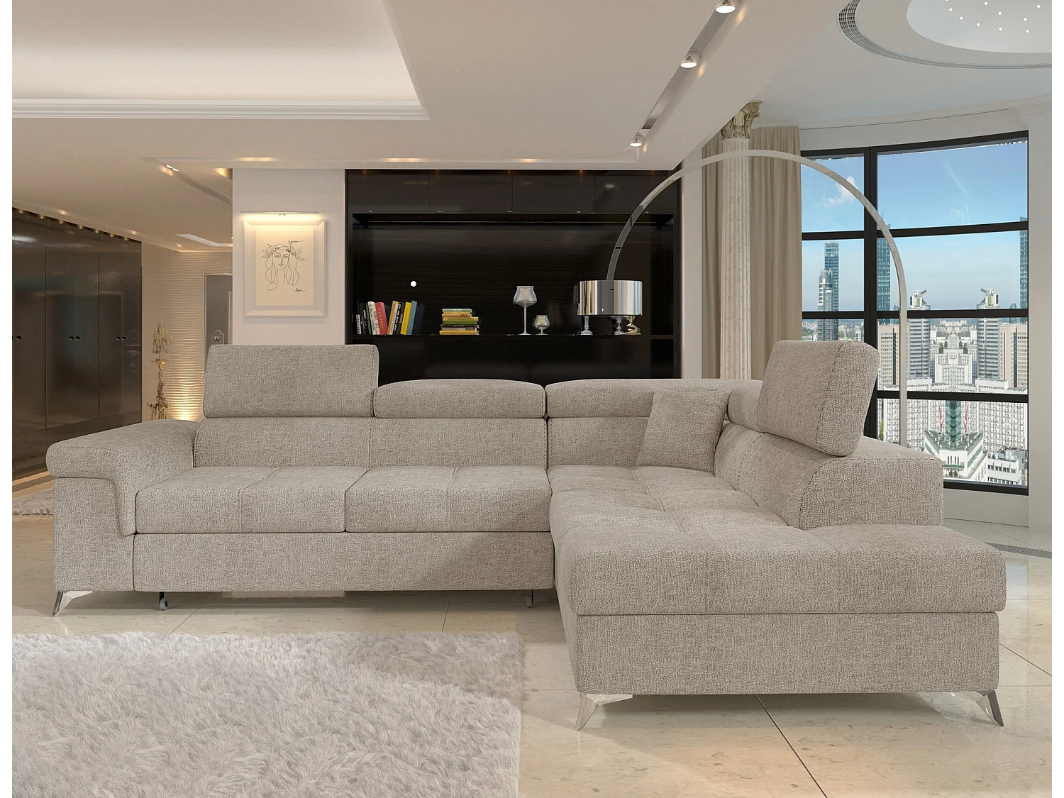 Canapé d’angle convertible MARIDO en tissu avec coffre et têtières réglables – 275cm-Beige-angle droit
