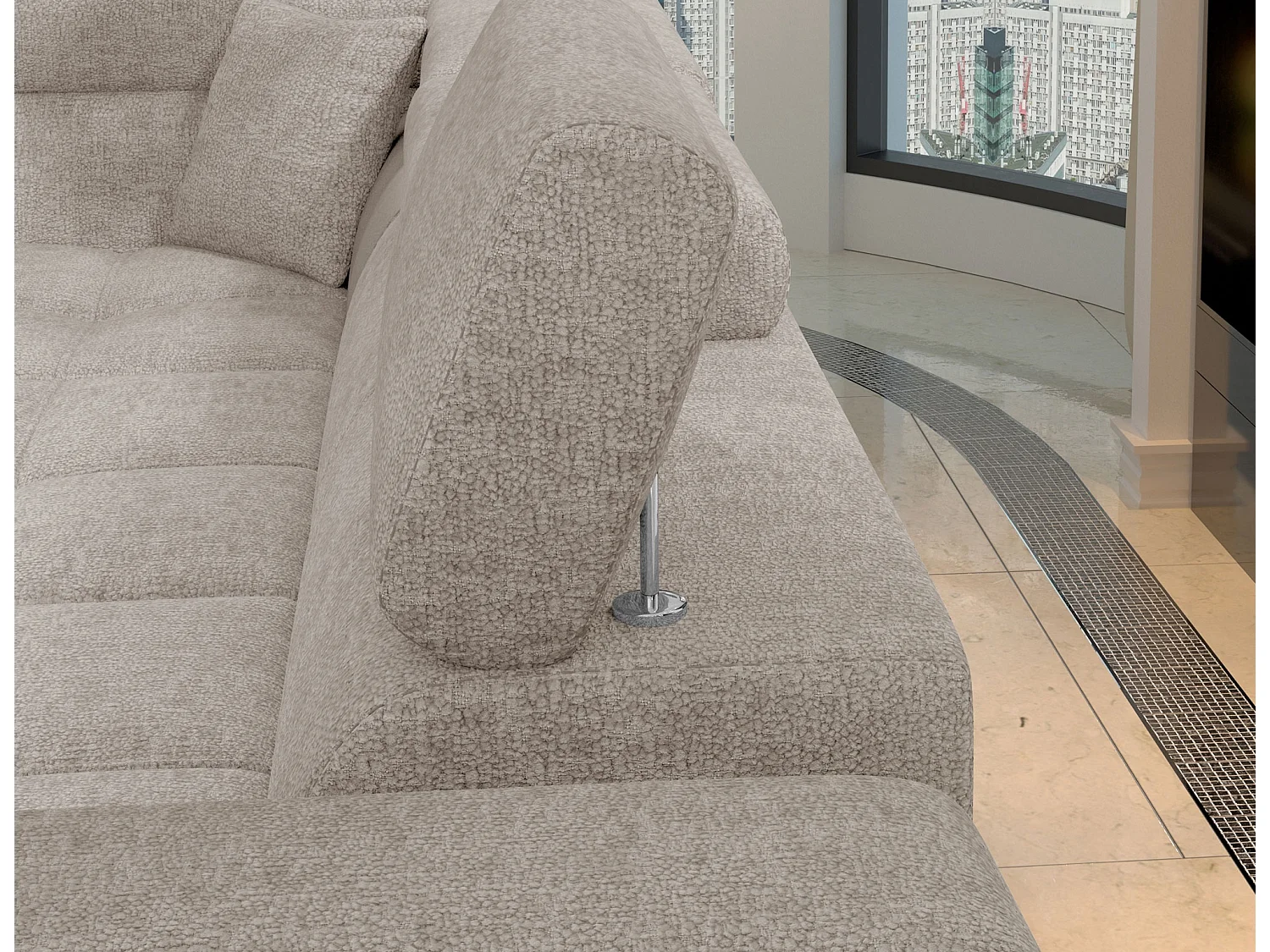 Canapé d’angle convertible MARIDO en tissu avec coffre et têtières réglables – 275cm-Beige-angle droit