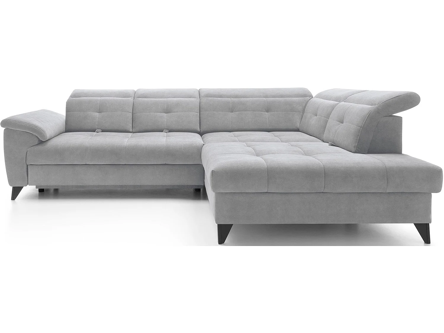 Canapé d'angle convertible tissu velouté KARIN - Coffre et appuis-tête réglables-Gris clair-angle droit
